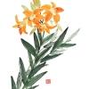 A Chinese brush painting of orange tiger lily blooms on green stems, created by artist Vartus Varadian