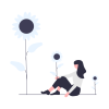 An illustration depicting a woman sitting beside sunflowers