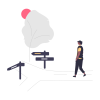 A man walks toward an intersection of two diverging paths