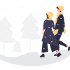 Illustration of two people dressed in winter coats walking in snow