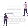 An illustration depicts two people at a computer keyboard with a piece of paper