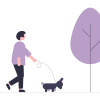A light purple illustration depicts a woman walking a small dog beside a tree