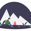 An illustration depicts a figure sitting by an evening camp fire