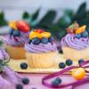 Cupcakes with purple icing and color fresh fruit toppings